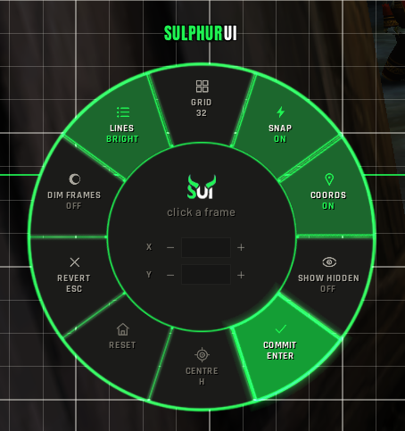 The layout studio disc: pick a frame, type X and Y, toggle snapping.