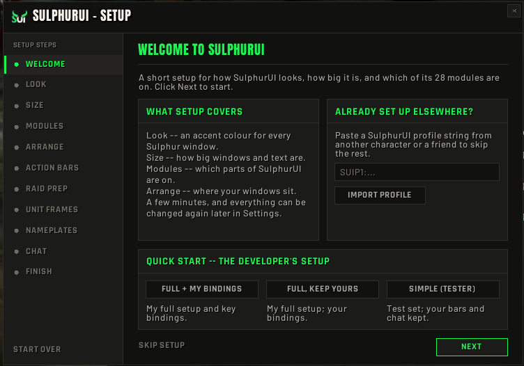 The setup wizard welcome page with quick-start profiles.