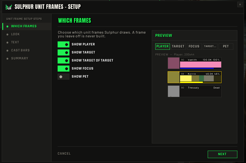 The Unit Frames wizard with its live preview.
